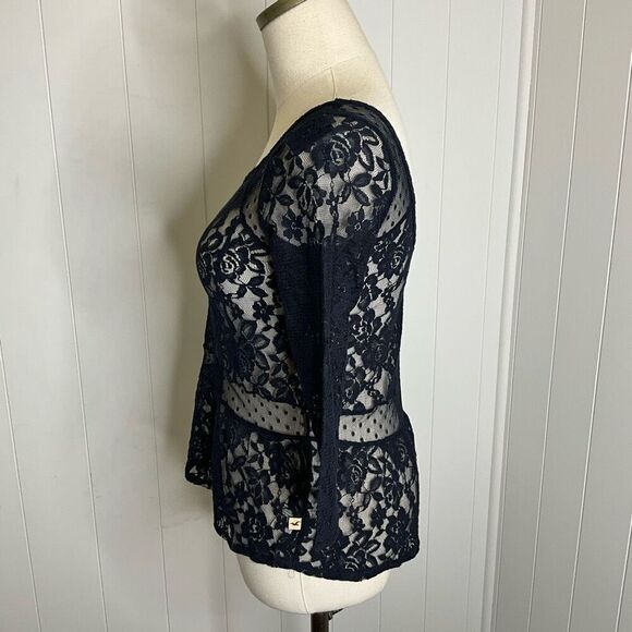 Brand New Hollister Women's XS Black Lace 3/4 Sleeve Shirt Top Sheer - Picture 11 of 16